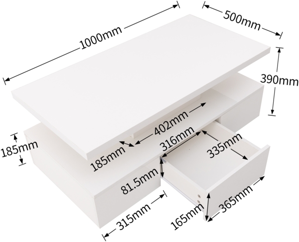 Merax Couchtisch, Tisch mit Schubladen, Hochglanzlackierung, Beistelltisch mit zwei Ablageebenen. Mit LED-Licht, Weiß Bild 4