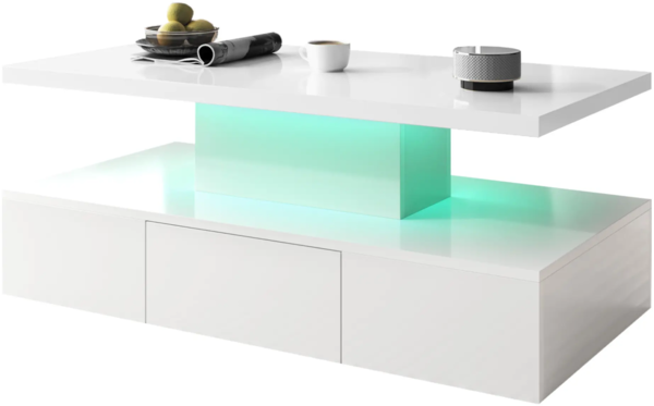 Merax Couchtisch, Tisch mit Schubladen, Hochglanzlackierung, Beistelltisch mit zwei Ablageebenen. Mit LED-Licht, Weiß Bild 9