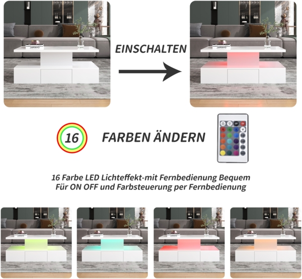 Merax Couchtisch, Tisch mit Schubladen, Hochglanzlackierung, Beistelltisch mit zwei Ablageebenen. Mit LED-Licht, Weiß Bild 3