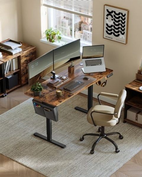 Songmics Höhenverstellbarer Schreibtisch elektrisch, 60x140 x (72-120) cm, Verstellbarer Tisch, Memory-Funktion für 4 Höhen, für Homeoffice, Arbeitszimmer, vintagebraun