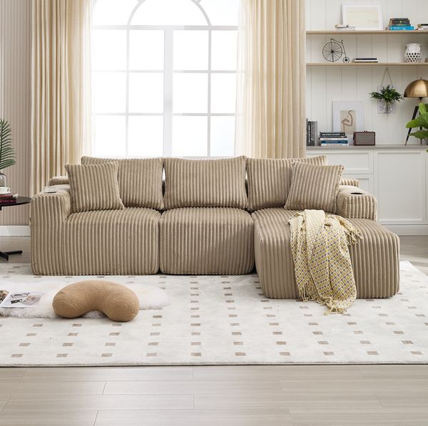 Modulares Sofa 257x90/160x62 cm mit Chaiselongue – Cordbezug, 5 Kissen, Seitentaschen & Getränkehalter