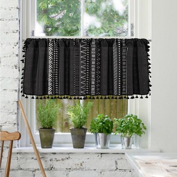Qelus Gardine Bistrogardine Boho Scheibengardinen Küchengardinen Landhausstil, Quaste Rutentasche Vorhang Wohnzimmer
