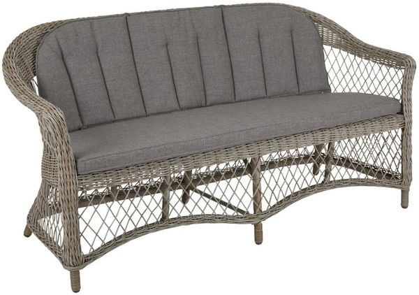 Gartenbank Kamomill von Brafab aus Rattan, klassisch gepolstert, natur, mit Kissen, für 3–4 Personen