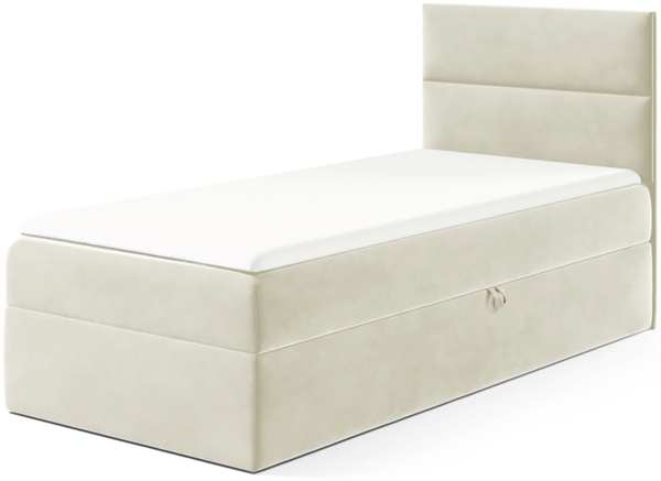 MEBLINI Kinderbett mit Bettkasten MINO 1 90x200 Rechts – H3/Creme Samt Gepolstert Einzelbett mit Matratze - Polsterbett mit Stauraum - Bett mit Kopfteil – Stauraumbett