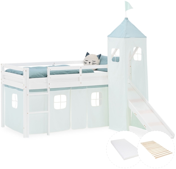 Hochbett Kinder 90x200 cm mit Rutsche Matratze Kinderbett Kinderhochbett Stockbett Vorhang Turm Grün Mintgrün