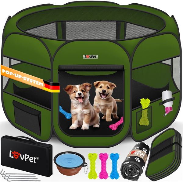 LOVPET® Welpenlaufstall Tierlaufstall Faltbar für Kleintiere Hunde, Katzen Inkl. Hundenapf Hundelaufstall Freigehege Oxfordgewebe Pop-up System Indoor & Outdoor Khaki