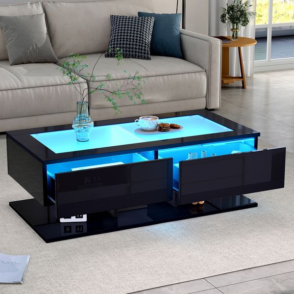 Couchtisch 100x50x35 cm mit 2 Schubladen, LED-Licht und Glasplatte – Wohnzimmertisch in Schwarz Hochglanz