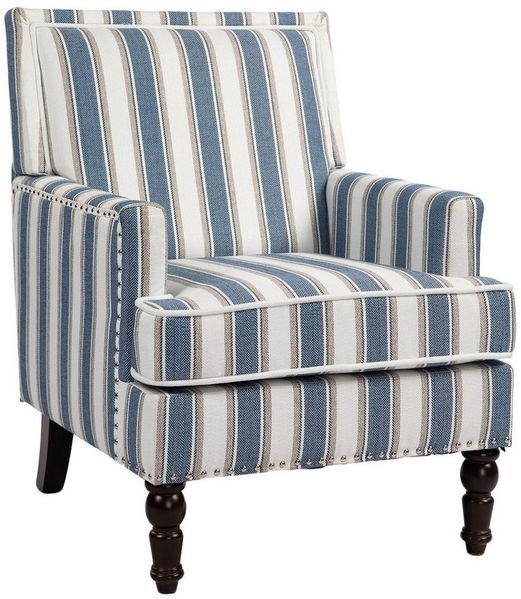 KLAM HOME Loungesessel Premium Vintage Akzentstuhl Blau-Weiß Gestreift Leinenstoff (Wohnzimmer Sessel mit edler Nagelkopfeinfassung & Massivholzrahmen), Bequemer Polster-Sessel mit Hochdicht-Schaum für stilvolle Innenräume