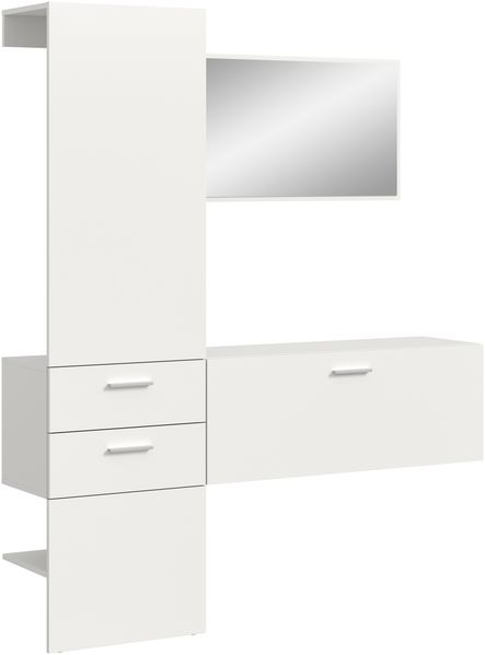 Garderoben-Set >Vaga< (3-teilig) Klappe, Schübe, Spiegel / Weiß - 156x190x36cm (BxHxT)