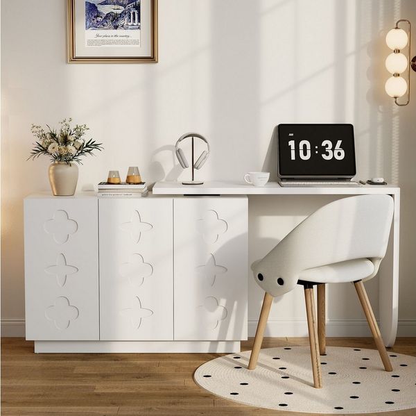 Flieks Kommode mit 360° drehbar Tisch weiß (B110-170/T40/H75cm, 1 St, mit verstellbarer Ablage), Schminktisch Eckschreibtisch Sideboard mit Stauraum, Breite 110/170 cm