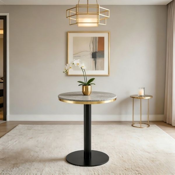 Moderner Runder Beistelltisch, Marmor-Optik Tischplatte mit Goldenem Rand, Stabiles Metallgestell in Schwarz/Gold, Grau, Ideal als Couchtisch, Nachttisch oder Balkontisch