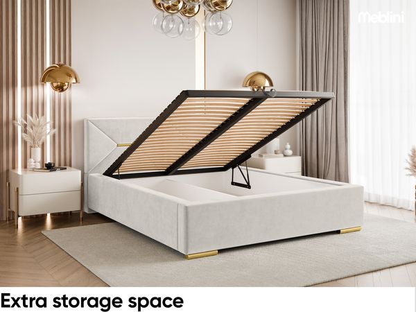 MEBLINI Polsterbett 160x200 mit Lattenrost mit Matratze – LIZZY – Creme Samt – Doppelbett mit Bettkasten - Stauraumbett - Kopfteil Bett mit Stauraum Bild 6