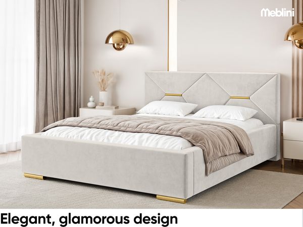 MEBLINI Polsterbett 160x200 mit Lattenrost mit Matratze – LIZZY – Creme Samt – Doppelbett mit Bettkasten - Stauraumbett - Kopfteil Bett mit Stauraum Bild 3