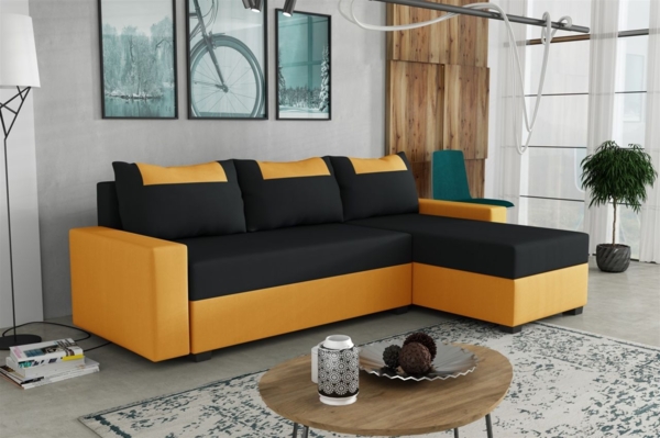 Ecksofa Schlafsofa Sofa HEDVIG Manila Goldgelb- Schwarz Ottomane Rechts