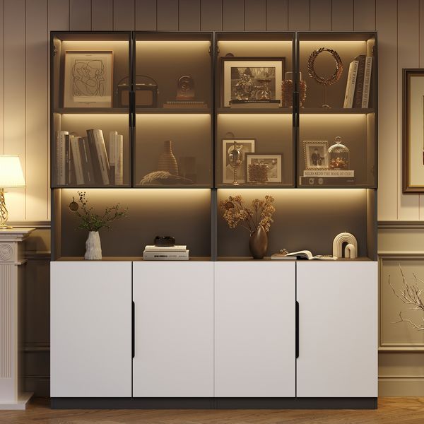 Moderne Vitrine 160x30x200 cm mit Glastüren und LED-Beleuchtung – eleganter Stauraum in Weiß und Schwarz