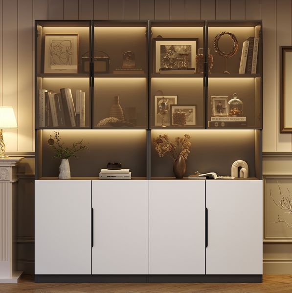 Moderne Vitrine 160x30x200 cm mit Glastüren und LED-Beleuchtung – eleganter Stauraum in Weiß und Schwarz