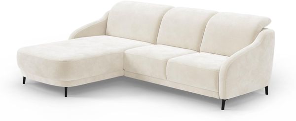 CAVADORE Ecksofa Blue/Moderne Eckcouch mit Longchair, inklusiv Kopfteilverstellung, Vorziehsitz motorisch und mattschwarzen Metallfüßen / 271 x 93 x 191 / Mikrofaser, Naturweiß