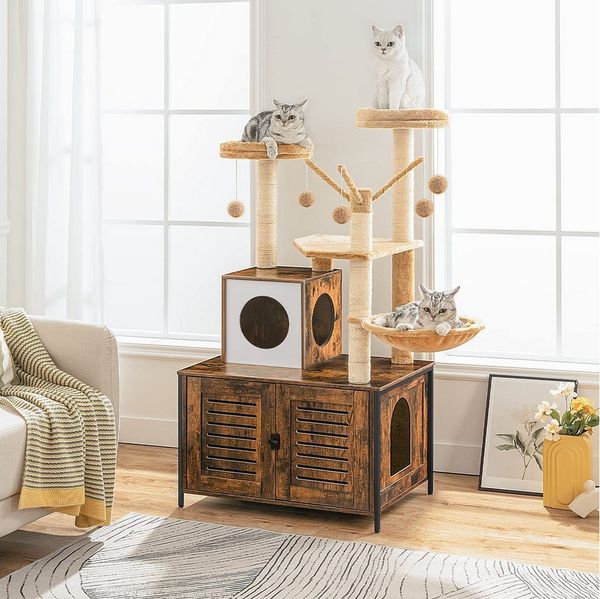 Hoobro Kratzbaum katzenbaumTurm mit katzenklo Schrank, versteckte Katzentoilettenmöbel, 132 cm, Abnehmbare Plüschball-Stangen