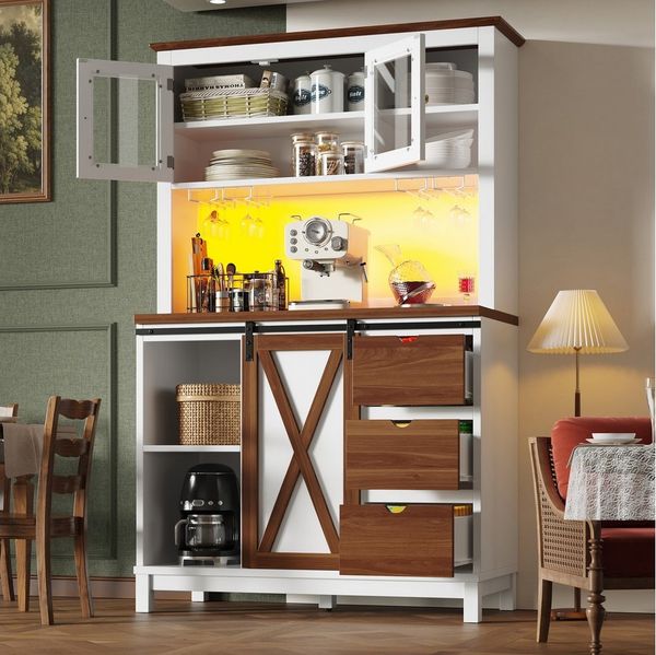i@home Hochschrank Küchenschrank mit LED Beleuchtung mit Schublade, Sideboard mit Schiebetür und drei Schubladen