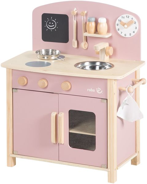 roba Spielküche - Holz - Kinderküche mit Zubehör - 2 Kochstellen, Spüle, Wasserhahn - Natur / Rosa
