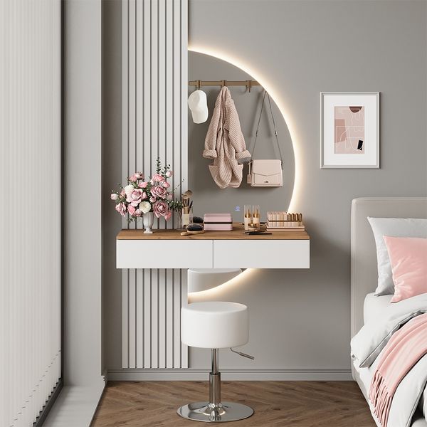 Schminktisch Melina Weiß/Eiche 100 cm mit LED-Spiegel und Hocker Vicco