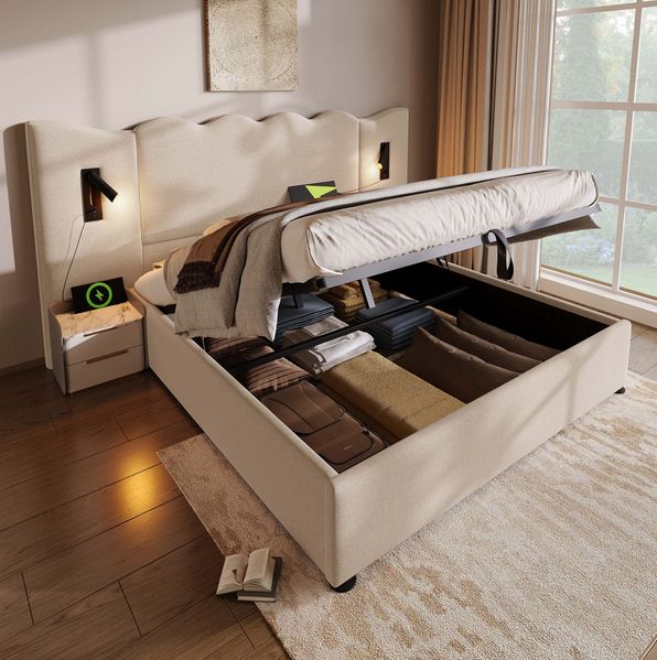Polsterbett, Leinen mit Stauraum, USB-Anschluss & Leselampe, 160x200 cm, Beige, mit Matratze