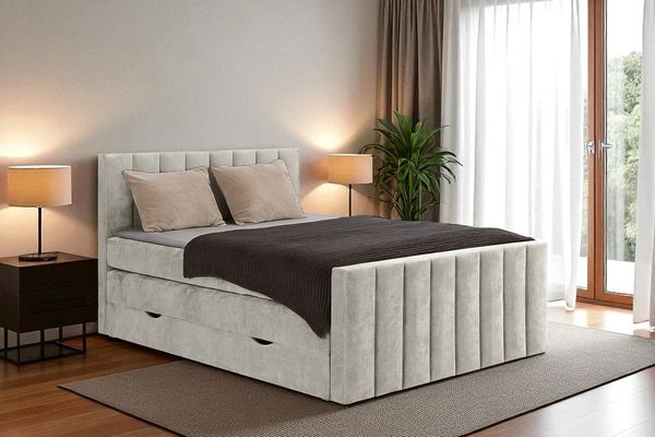 MEBLINI King Boxspringbett VARANO 120x200 cm mit Bettkasten – H3/Beige Samt Polsterbett - Gepolstert Doppelbett mit Matratze und Topper - Polsterbett mit Stauraum - Bett mit Kopfteil – Stauraumbett