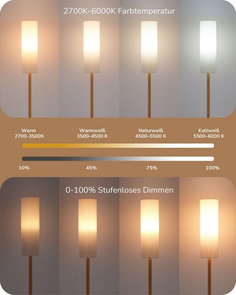 EDISHINE Stehlampe Wohnzimmer, LED wechselbar, warmweiß bis kaltweiß dimmbar, Stehlampe 165cm mit Fernbedienung
