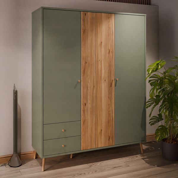 Forte HARLLSON Kleiderschrank 150 160, EasyKlix by FORTE, 2 Schubladen, Skandinavischer Stil, Holzwerkstoff, Salbei mit Mauvella Eiche Holzdekor, 154 cm breit x 202 cm hoch x 52 cm tief