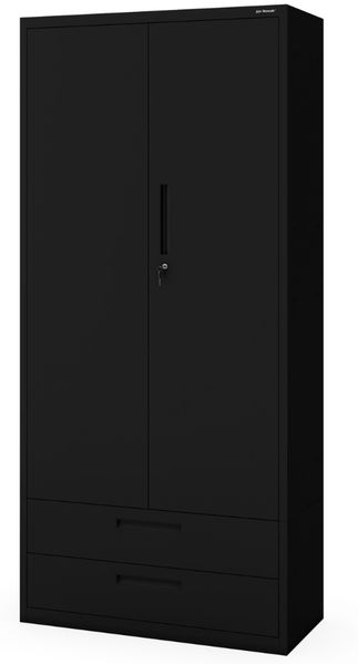 Metallschrank mit Doppel-Schublade MEGAN - 195x90x40cm Schwarz | Büroschrank Aktenschrank Stahlschrank Fachbodenschrank Werkstattschrank