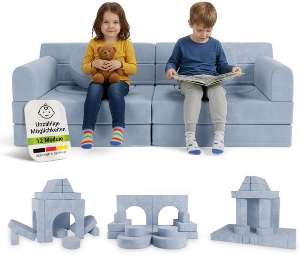 Juskys Kindersofa Kayo –Cord, modular & weich, Sofa für Kinderzimmer & Spielzimmer, sicher, flexibel, pflegeleicht, mit abnehmbaren Bezügen – Hellblau