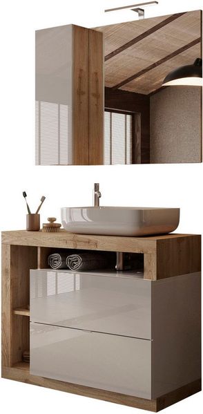 welltime Badmöbel-Set Hamburg, Badezimmerset 2tlg. Breite 92 cm, Badmöbel, Waschtisch inkl, (Spar-Set, 2-St), Waschbecken, Spiegelschrank mit LED Aufbauleuchte, Soft-Close-Funktion