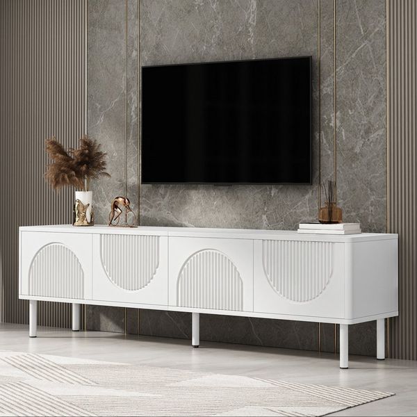 REDOM Lowboard mattweiß mit 3D-Relieftüren (Wohnzimmermöbel, Fernsehschrank, 1 St, 4 kunstvolle 3D-Relieftüren), matte Oberfläche, Kabelmanagement