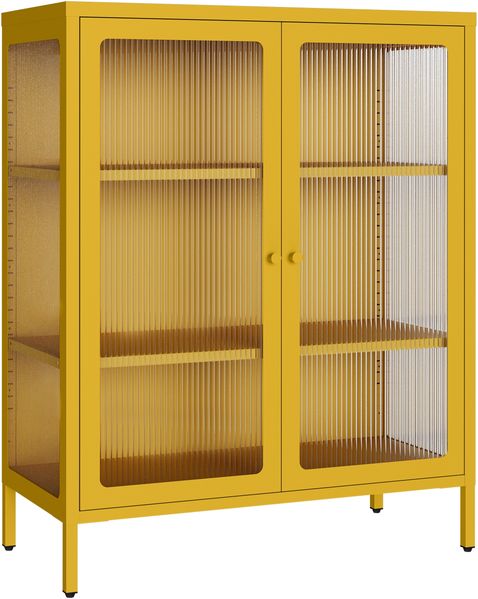 skølm 'Norns' Kommode, Metall mit Glas-Front, senfgelb, 100x38x80 cm, Metallschrank mit geriffelten Glastüren, Vitrinenschrank mit 3 Fächern