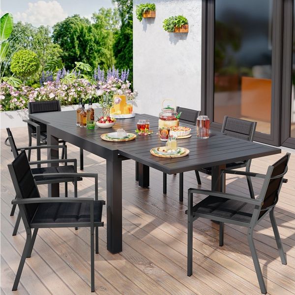 GUNJI Gartenstuhl Stapelstühle, Bequem, Korrosionsbeständigkeit Garten-essgruppe (verstärkter Alu-Outdoorstuhl, max Belastung 160 kg, stapelbar, leicht, Doppellagiger Sitzstoff), Aluminium-Gartentisch mit Klappbarer Tischplatte bis 100kg