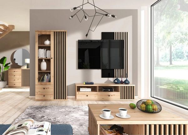 Beautysofa Eckkommode CAYA C‑12, 3 Türen, 2 Innenböden, Artisan Eiche/Schwarz, Soft-Close, optional Metallfüße, Stauraumlösung