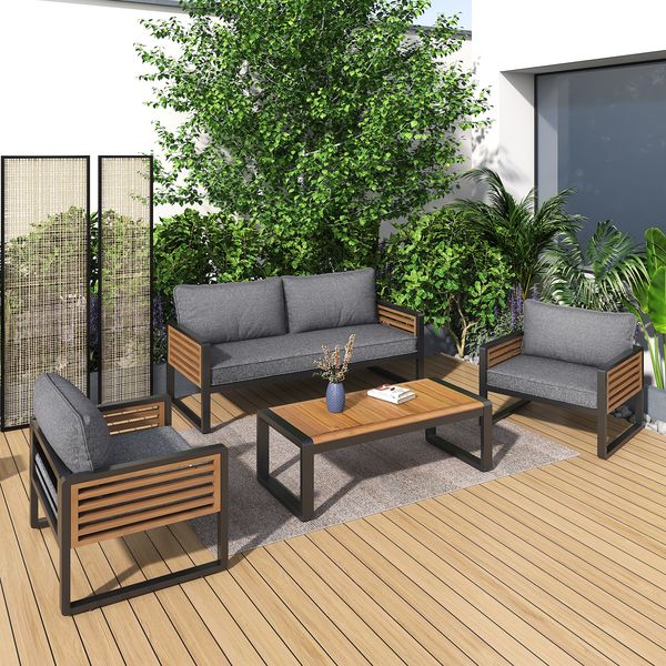 Merax Gartenlounge-Set, Gartenmöbel-Set mit verzinktem Eisenrahmen, (breites Set, 4-teiliges Esstisch-Set, 1x2-Sitzer-Sofa, 2x Einzelstühle, 1x Tisch), Graue, dekorative Armlehnen aus Holz