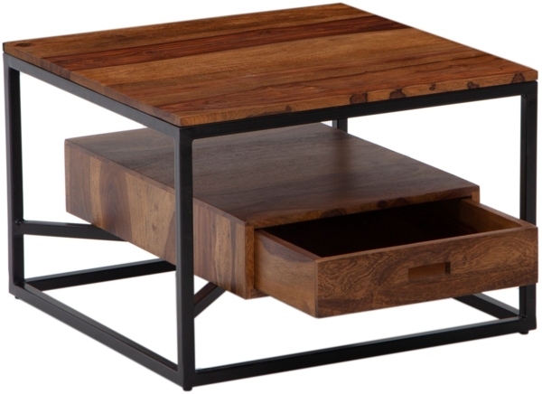 Couchtisch 60x60x40cm Sheesham Massivholz Metall Schublade Modern Wohnzimmer