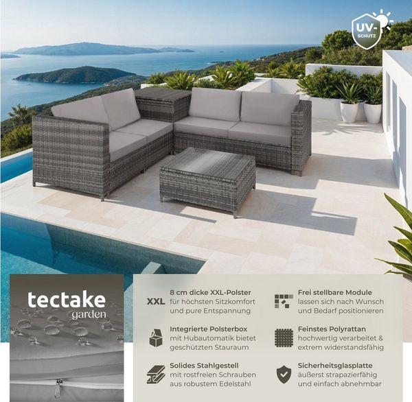 tectake Loungeset Rattan Sitzgruppe inkl. großer Aufbewahrungsbox, für 4 Personen, (Gartenlounge-set Siena, 5-tlg, geeignet für Outdoor in Grau/Hellgrau), widerstandsfähig und UV-beständig, Dicke der Sitzpolster 8 cm