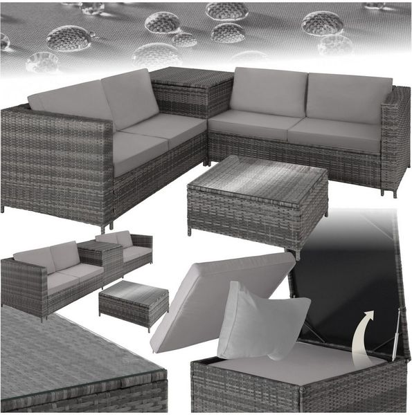 tectake Loungeset freistehende Gartenlounge mit bequemen Kissen und Aufbewahrung, (Garten Lounge Set Siena, 5-tlg, in grau/hellgrau), stahlgestell mit rostfreien Edelstahlschrauben und Box
