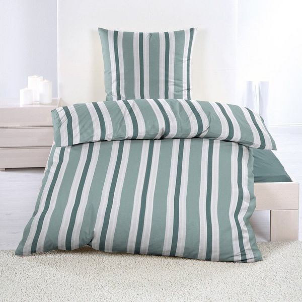 Casa Colori Bettwäsche Seersucker 135x200 Reißverschluss Grün Weiß gestreift, Seersucker, 2 teilig, leicht
