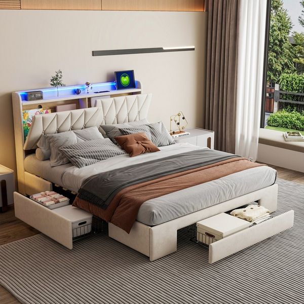PXloue Polsterbett Stauraumbett mit Bettkasten LED Doppelbett, mit LED-Beleuchtung, 3 Schubladen, 160x200 cm, Ohne Matratze
