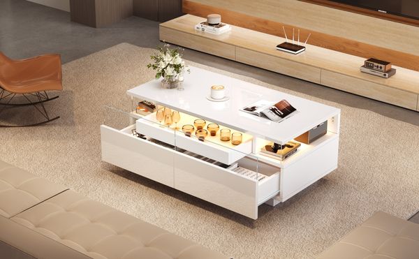 Couchtisch mit LED, 2 Acryl-Schubladen, herausnehmbarem Tablett & gehärtetem Glas, 90x45x35,5 cm, Weiß