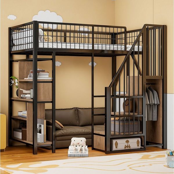 Flieks Hochbett Metallbett Kinderbett 90x200cm mit Stauraumtreppe und Ablageregal
