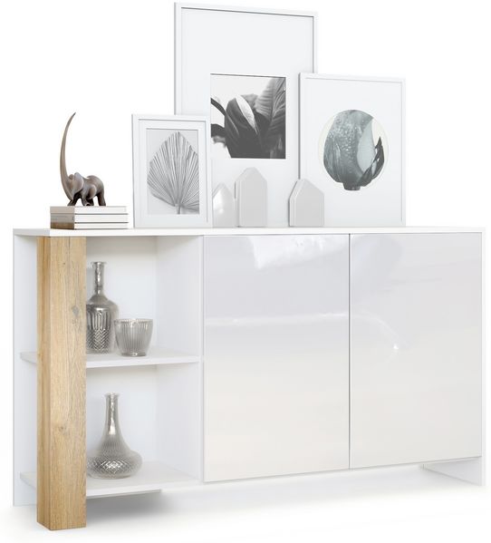 Sideboard Canto, lange Anrichte mit 2 Türen und 6 Fächern, Korpus Weiß matt, Fronten Weiß Hochglanz, Dekor-Paneele Eiche Natur (143 x 81 x 36 cm)