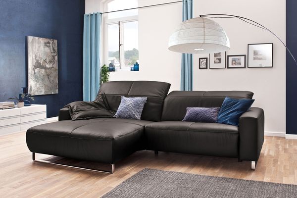 KAWOLA Sofa YORK Leder Life-line grey Rec links Fuß Metall Chrom matt mit Sitztiefenverstellung 85 x 111 x 284 cm