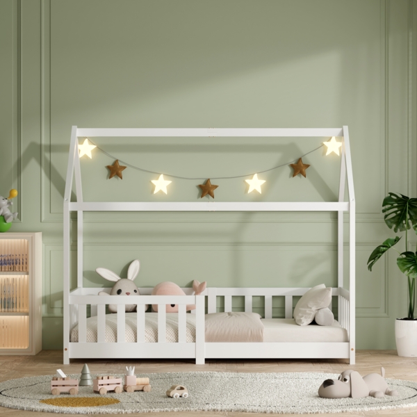 ecoMI Hausbett mit Rausfallschutz und Lattenrost, Kiefernholz weiß, 80x160 cm