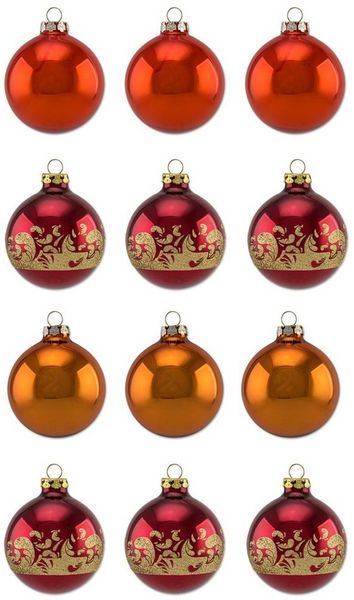 Thüringer Glasdesign Weihnachtsbaumkugel Sienna mit Glitzer Dekor - Christbaumkugeln aus Glas Gold Rot (12 St)