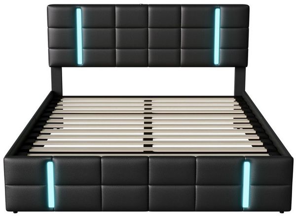 Furnishings Home Jugendbett Polsterbett Stauraumbett (Hydraulisch anhebbarer Bettstauraum), Mit LED-Beleuchtung, Ladefunktion, Kunstleder, 160x200 cm