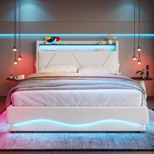 Polsterbett, Samt mit LED & Stauraum, 140x200 cm, Beige, ohne Matratze